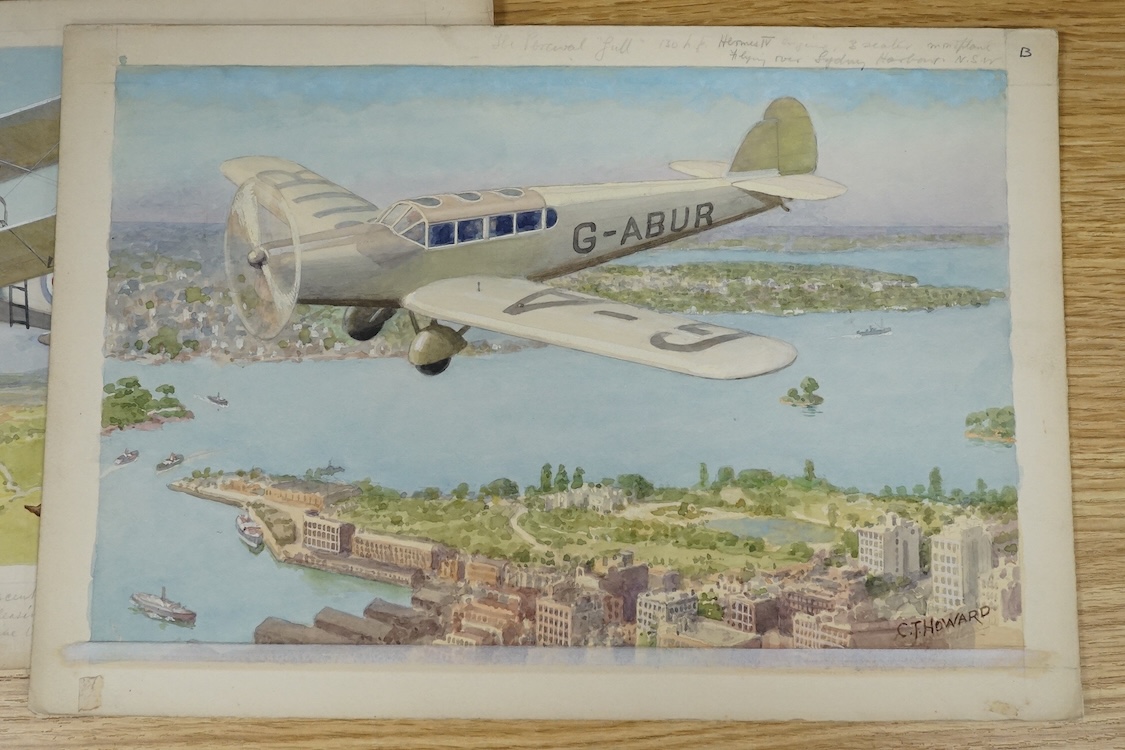 Charles Thomas Howard (1865-1942), set of four original watercolours for postcard designs, vintage aircraft, to include Monospar ST-25 and Percival Gull over Sydney, two signed, 21 x 32cm, unframed. Condition - fair to g